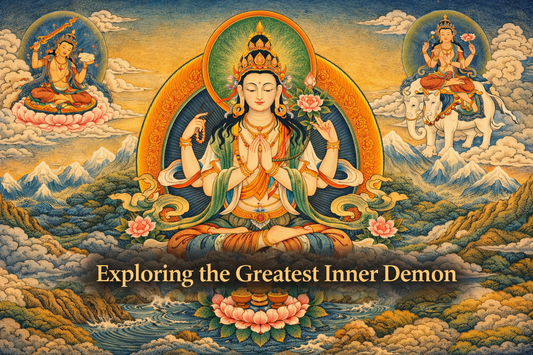 Thangka painting of Avalokiteshvara symbolizing compassion, altruism, and inner transformation in Tibetan Buddhist philosophy