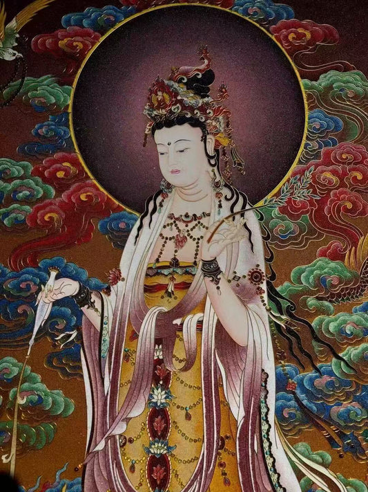 Dragon-Riding Avalokiteshvara (Nanhai Guanyin) gemstone thangka, hand-painted in the Rebgong tradition using natural mineral pigments