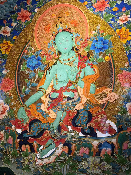 100% hand-painted Green Tara Tibetan Thangka painting in the Rebgong gemstone tradition, large 133×133cm masterpiece with pear wood frame
