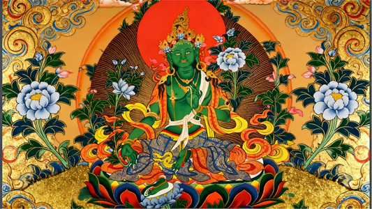 the Rebgong style of Thangka art, renowned for its precise linework, bright colors, and elegant clarity.