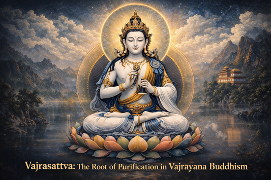 Illustration of Vajrasattva, the Vajrayana purification deity, seated in meditation holding vajra and bell, symbolizing pure awareness, ethical clarity, and inner purification in Vajrayana Buddhism