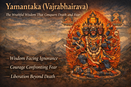 Horizontal Tibetan thangka painting of Yamantaka (Vajrabhairava) with nine heads and multiple arms, trampling Yama and surrounded by flames, symbolizing wrathful wisdom conquering death and ignorance