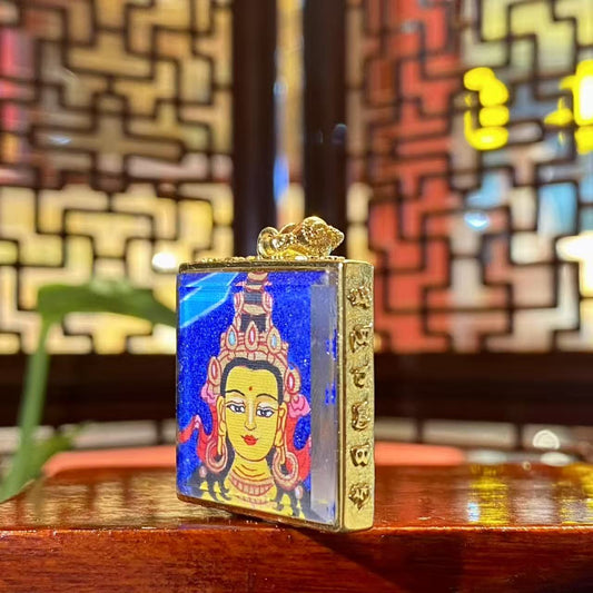 Manjushri Bodhisattva Mini Thangka Pendant – Hand-Painted Wisdom Deity in Gold-Plated Gau Box (24 × 24 mm), Guardian for Rabbit & Gemini