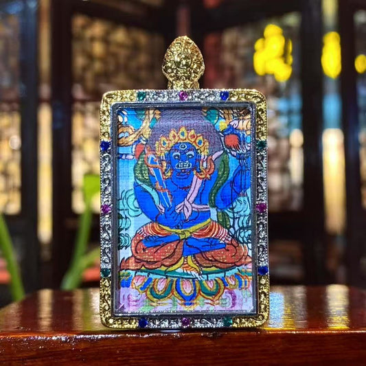 Hand-painted Acala Vidyaraja Thangka Gau Pendant in gold-plated copper, showing the Wisdom King in a protective, fierce stance.