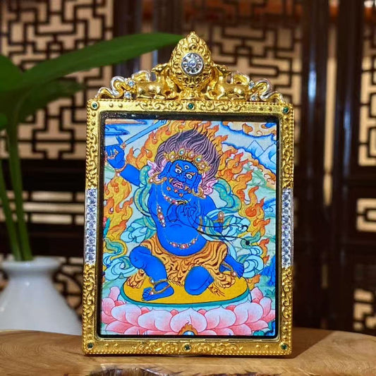 Hand-painted Acala Vidyaraja (Acala Wisdom King) in wrathful blue form, holding wisdom sword and vajra lasso, surrounded by flames on Tibetan thangka Gawu pendant