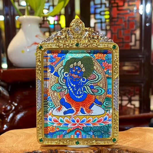 Hand-painted Acala Vidyaraja in wrathful blue form, wielding wisdom sword and surrounded by flames, depicted on Tibetan thangka Gawu pendant for protection and purification