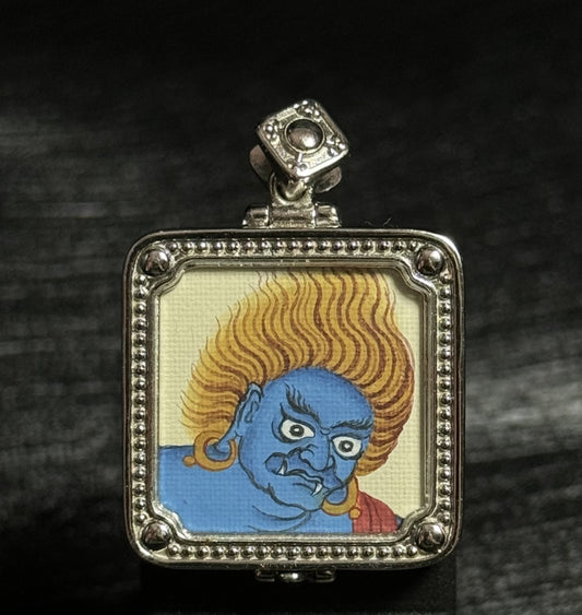 Hand painted Acalanatha (Fudo Myoo) mini Tibetan thangka pendant with natural mineral pigments and silver frame