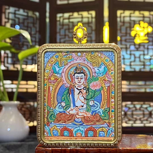 Hand-painted Akashagarbha Bodhisattva thangka in titanium steel gau pendant, front view, 56×46mm