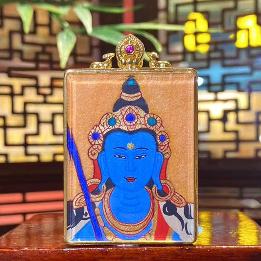 Hand-painted Akashagarbha Bodhisattva thangka in gold-plated copper gau pendant, front view, 33×43mm