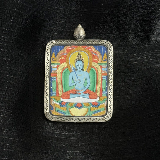 Hand-painted Akashagarbha Bodhisattva mini thangka pendant in silver protective case, Tibetan mineral pigment thangka artwork 4×5 cm