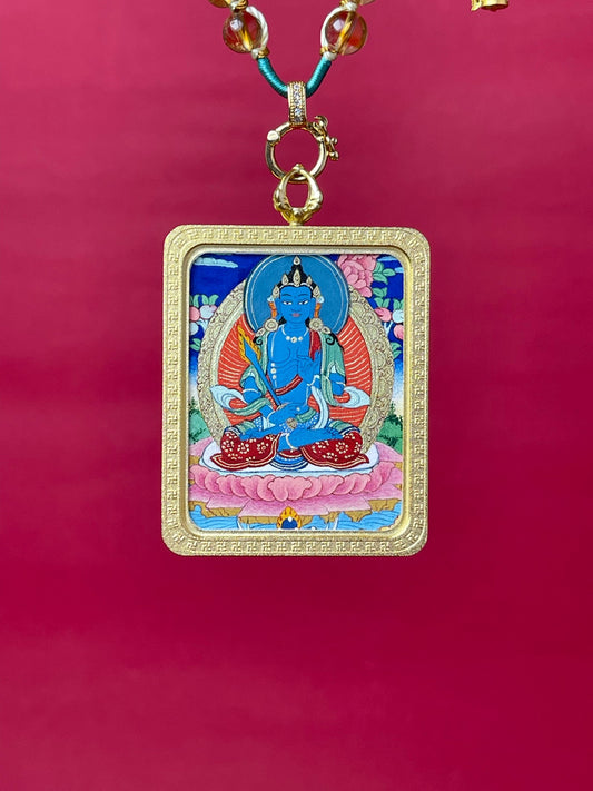 Akashagarbha Bodhisattva mini thangka pendant, Tibetan Buddhist deity necklace hand-painted with natural mineral pigments