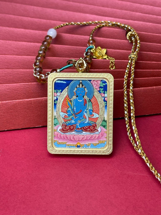 Tibetan Akashagarbha Bodhisattva thangka pendant necklace with hand-painted mineral pigment miniature thangka