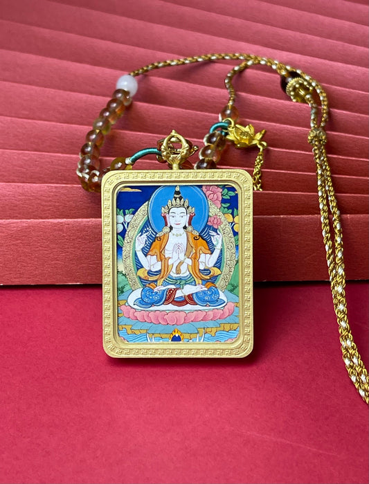 Chenrezig Avalokiteshvara Tibetan mini thangka pendant necklace with hand-painted mineral pigment artwork