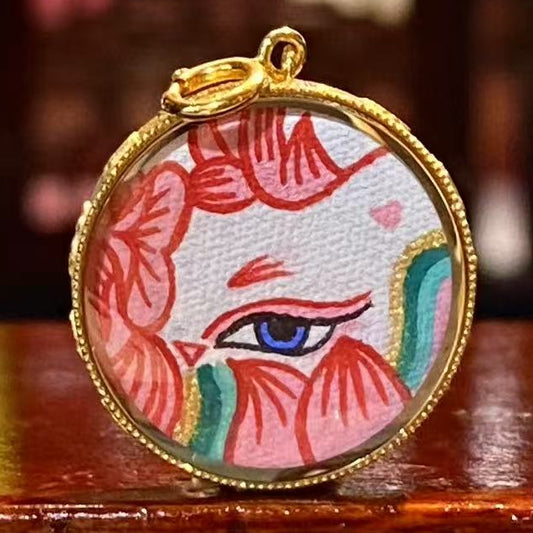Front view of Fox Spirit (Hu Xian) Tibetan mini thangka charm, single-sided hand-painted in 18K gold, designed as bracelet or necklace accessory