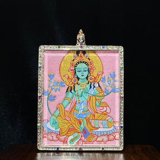 Front view of a hand-painted large Gau Thangka pendant featuring a full-body Green Tara, crafted in a copper case for devotional use