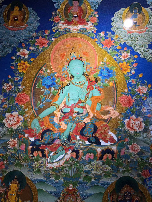 100% hand-painted Green Tara Tibetan Thangka painting in the Rebgong gemstone tradition, large 133×133cm masterpiece with pear wood frame