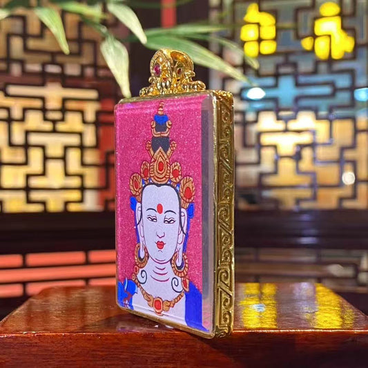 Side detail view of a Mahāsthāmaprāpta Gawu pendant in a gold-plated copper case, showing craftsmanship, depth, and a refined structure suitable for daily wear and meditation