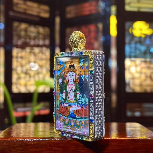 Side detail view of a Mahāsthāmaprāpta Gawu pendant in a gold-plated copper case, showing craftsmanship, depth, and structure suitable for daily wear and meditation