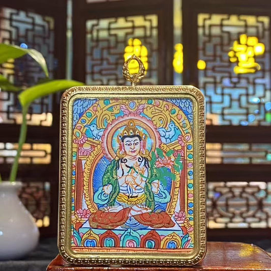 Front view of a hand-painted Mahāsthāmaprāpta (Great Strength Bodhisattva) Gawu pendant in a titanium steel case, symbolizing wisdom light, clarity, and calm focused awareness