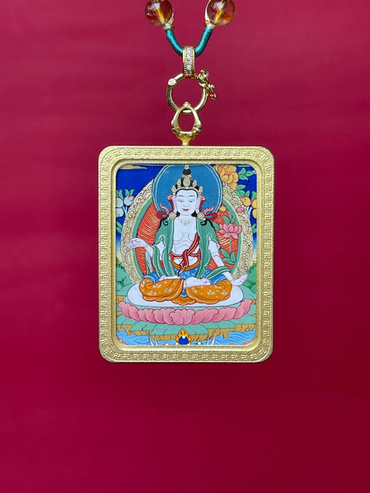 Hand-painted Mahasthamaprapta Bodhisattva mini thangka pendant featuring Tibetan mineral pigment painting inside a textured copper protective frame