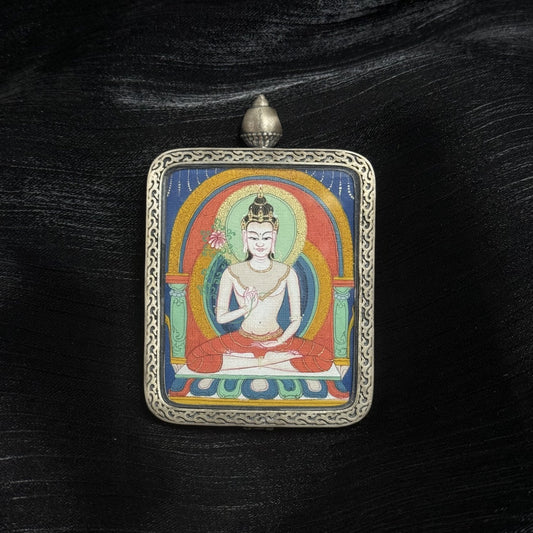 Hand painted Mahasthamaprapta Bodhisattva mini Tibetan thangka pendant in silver frame, traditional Himalayan Buddhist thangka artwork from Tibet.