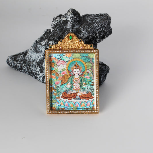 Front view of Mahasthamaprapta Bodhisattva mini thangka pendant, hand-painted in Nepal, set in a double-sided jewelry-grade titanium steel case (4×5 cm).