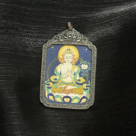 Front view of Mahasthamaprapta Bodhisattva mini thangka pendant, fully hand-painted with natural mineral pigments, set in a vintage-style silver case, Tibetan origin.