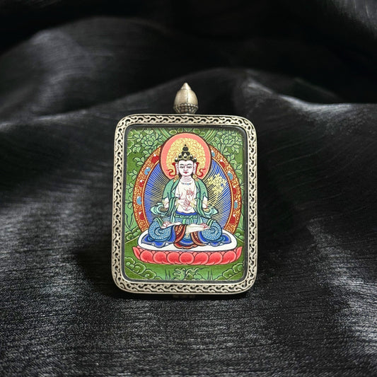 Front view of Mahasthamaprapta Bodhisattva mini thangka pendant in Rebgong style, hand-painted with mineral pigments and set in a 925 silver frame