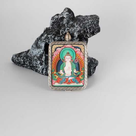 Front view of Mahasthamaprapta Bodhisattva mini Thangka pendant, hand-painted with mineral pigments, featuring a turquoise-green halo, pink cloud background, intricate crown details, and an engraved pure silver frame.