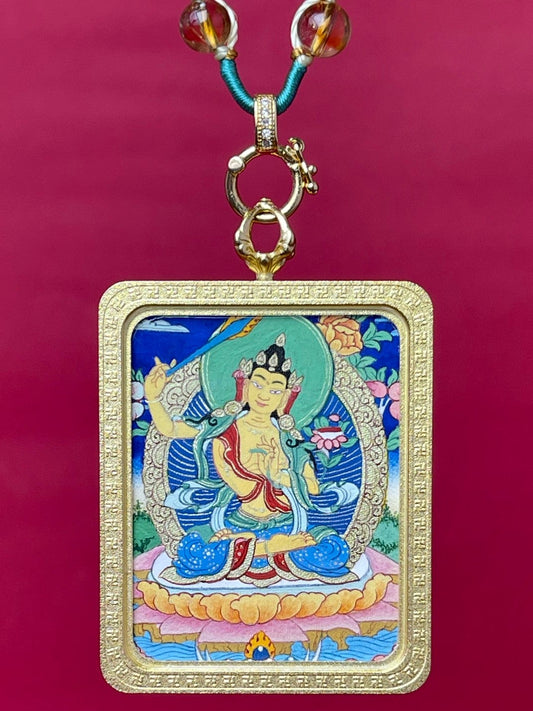 Hand-painted Manjushri Bodhisattva Tibetan Thangka pendant with copper frame, symbol of wisdom and learning, made in Tibet