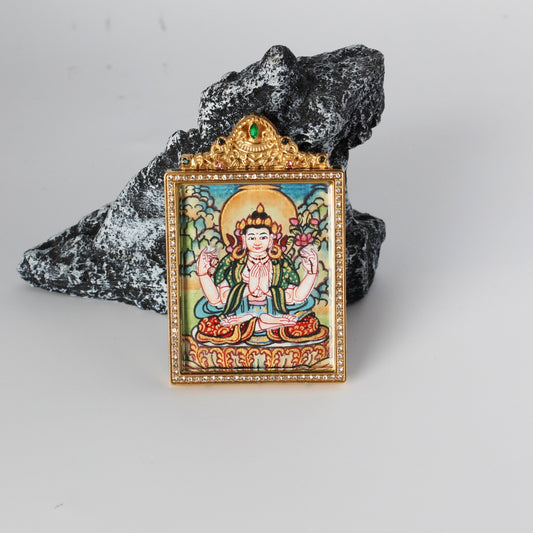 Front view of Nepal pastel-style Four-Armed Avalokiteshvara (Chenrezig) mini thangka pendant in a jeweled double-sided titanium steel case, size 4×5.