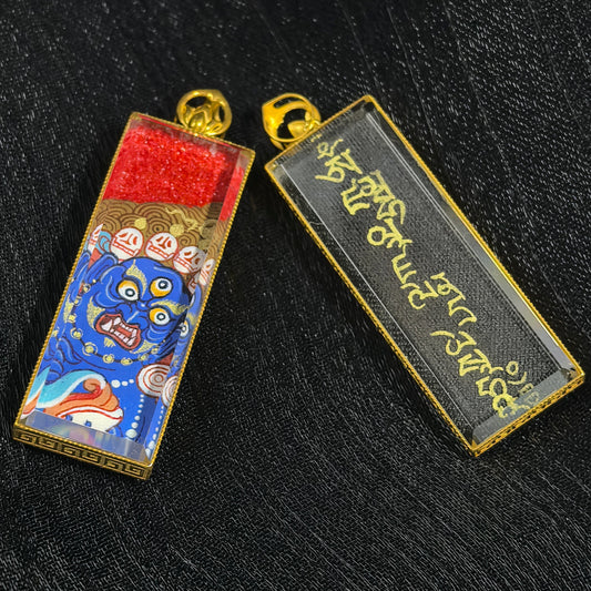 Rebgong Lama Artist Buddha Head Pendant – Detailed Front View with 18K Gold Inlay and Sapphire Mirror Surface