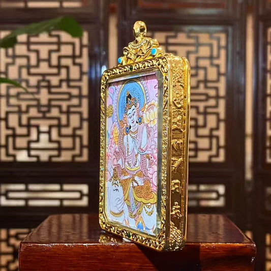 Side view of Samantabhadra Bodhisattva double-sided thangka pendant showing detailed gold-plated copper Tibetan Gawu craftsmanship