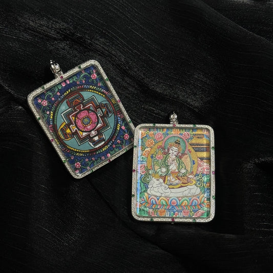 Front and back view of Samantabhadra Bodhisattva mini thangka pendant showing the hand-painted deity on the front and a colorful mandala composition on the reverse, set in a gemstone-decorated square pendant frame.