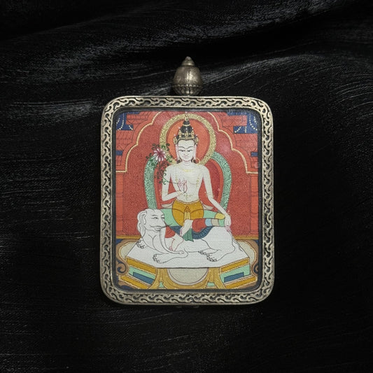 Hand-painted Samantabhadra Bodhisattva mini thangka pendant in silver frame, Tibetan mineral pigment artwork with elephant throne, traditional Buddhist thangka jewelry