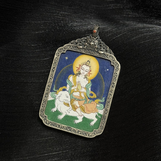 Samantabhadra Bodhisattva Tibetan thangka pendant with vintage silver frame, fine mineral pigment painting, collectible spiritual jewelry.
