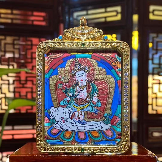 Front view of hand-painted Samantabhadra Bodhisattva thangka pendant in a gold-plated Tibetan Gawu box, double-sided Buddhist artwork