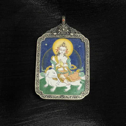 Hand-painted Samantabhadra Bodhisattva thangka pendant from Tibet, made with natural mineral pigments, symbolizing virtue, righteous action, and protection.