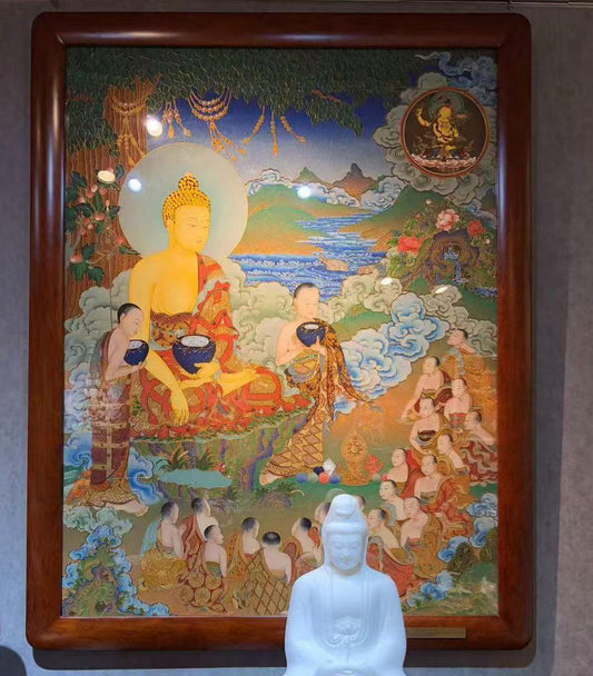 Large Rebgong gemstone-pigment thangka depicting Shakyamuni Buddha attaining enlightenment and teaching under the Bodhi tree, hand-painted with natural mineral pigments and framed in solid pearwood, 128 × 75 cm