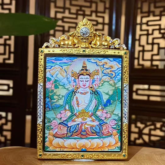 Hand-painted front view of a Vairocana Buddha mini thangka pendant set in a gold-plated copper Gawu box, single-sided painting, 55×46mm
