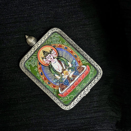 Hand-painted Vairocana Buddha mini thangka pendant in a 925 sterling silver frame, Rebgong Tibetan mineral pigment thangka artwork.