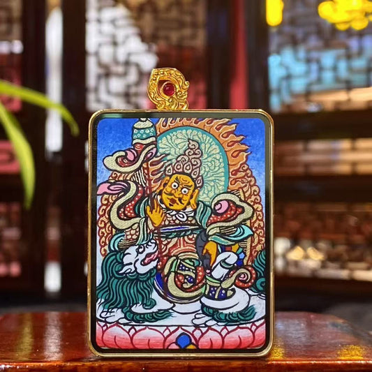 Front view of Vaishravana King of Wealth thangka pendant, fully hand-painted on both sides with 18K gold, Rebgong Tibetan art, sapphire crystal Gawu box
