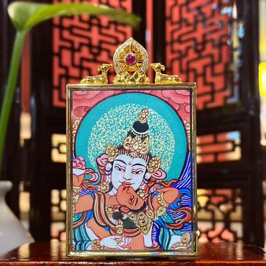 Front view of Vajrasattva Tibetan thangka pendant, double-sided hand-painted with 18K gold in Rebgong tradition, depicting the Vajrayana purification deity embodying pure awareness and inner clarity