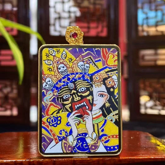 Front view of a double-sided Tibetan Ghau Thangka pendant featuring Zaki Lham, hand-painted in 18K gold with Rebgong Thangka techniques