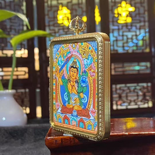 Hand-painted Manjushri Bodhisattva large mini thangka pendant in a titanium steel Gau box, depicting the Buddhist deity of wisdom