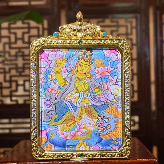 Hand-painted Manjushri Bodhisattva thangka pendant, symbol of wisdom, clarity, and removal of ignorance