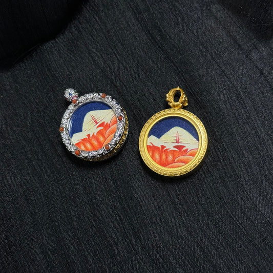 Mount Kailash Golden Summit miniature thangka pendant comparison, Rebgong hand-painted sacred mountain artwork with decorative jeweled frame and copper frame