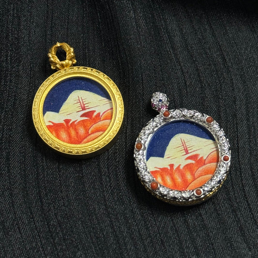 Mount Kailash Golden Summit mini thangka pendant version B, Rebgong hand-painted sacred mountain artwork with gold copper frame and mineral pigments