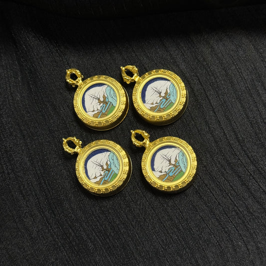 Group display of Mount Kailash Golden Summit mini thangka pendants, Rebgong hand-painted sacred mountain landscape pendants with gold Tibetan style frames