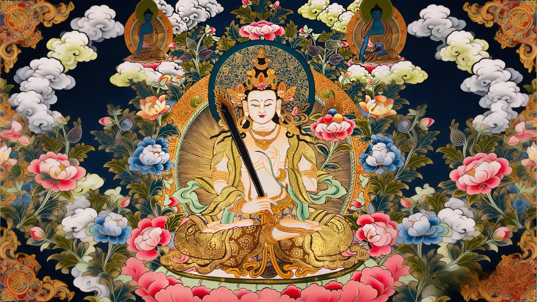 Akashagarbha Bodhisattva depicted in traditional Buddhist thangka art, symbolizing infinite wisdom, merit, and abundance in Mahayana Buddhism